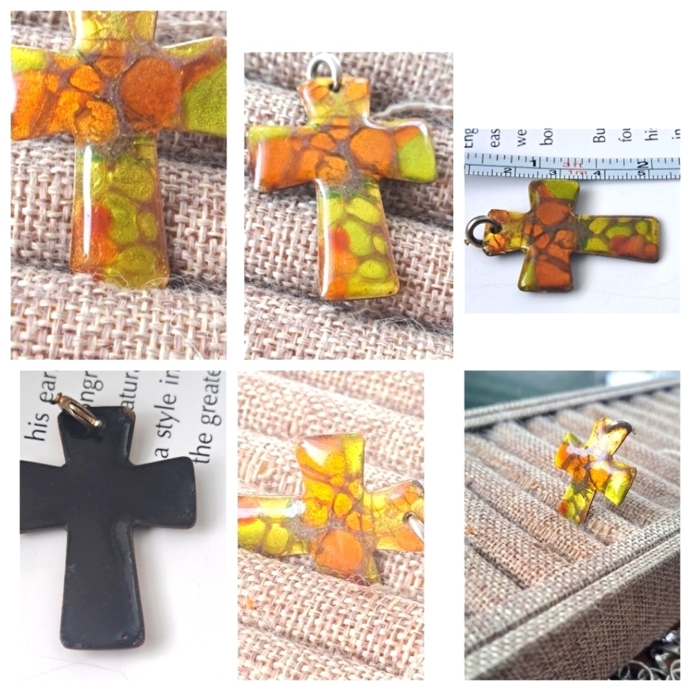 Enamel cross orange and green tones